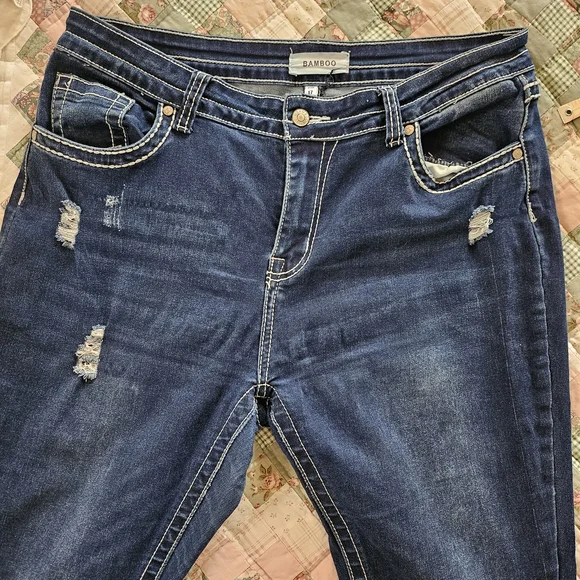 BAMBOO Women's Dark Blue Boot Cut/Flare DistressedJeans - Picture 4 of 13